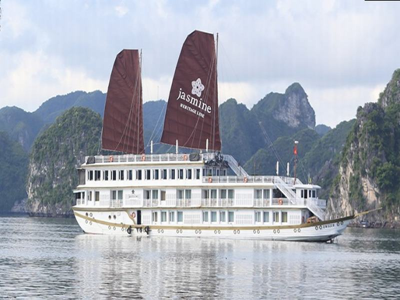 With 55 meters long from bow to stern and 11 meters wide, Jasmine Cruise Ha Long can accommodate 80 passengers at a time on four luxury decks - Source:  Halong Bay Tours
