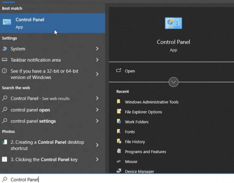 Access the Control Panel via the Windows Start Menu Search Bar