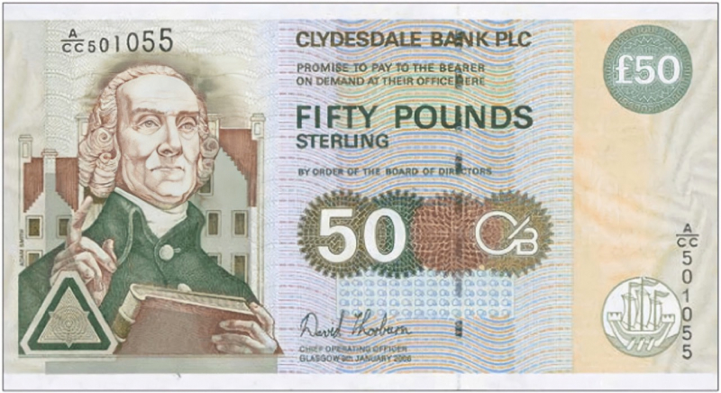 Photo: Adam Smith's image on the £50 notes that the Clydesdale Bank since 1981, lacurrency.com