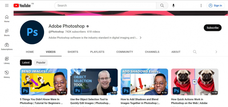 Screenshot of https://www.youtube.com/@Photoshop/videos