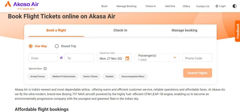 Screenshot of https://www.akasaair.com/flight-booking
