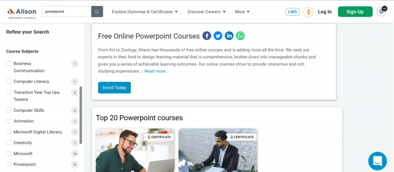 Screenshot of https://alison.com/courses?query=powerpoint