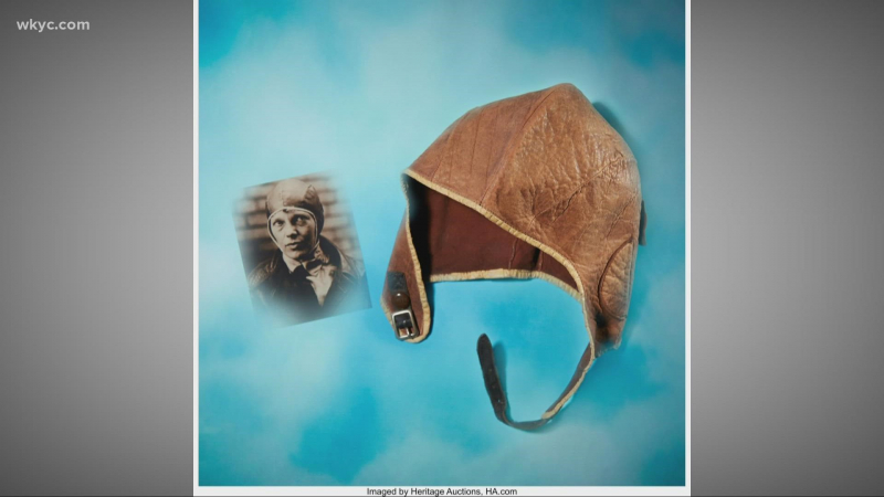 Photo: WKYC - Helmet worn by Amelia Earhart during flight to Cleveland