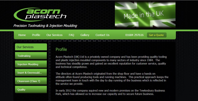 Acorn Plastech is a privately held company and has been supplying quality tooling and injection molded components to a wide range of industries since 1984- Screenshot photo