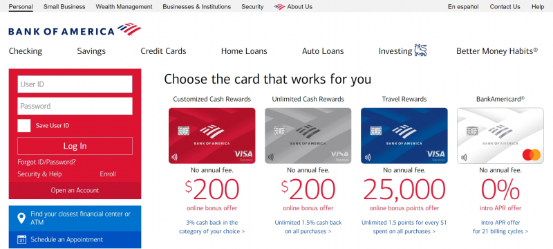 Screenshot via	bankofamerica.com