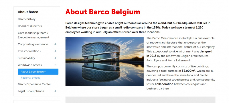 Screenshot of https://www.barco.com/en/about-barco/worldwide-offices/one-campus-belgium