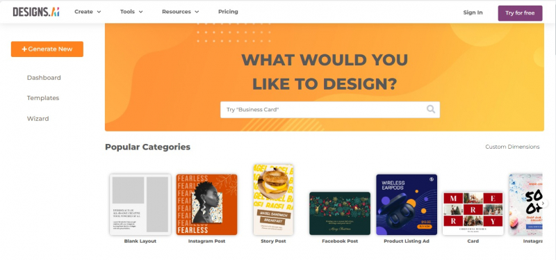 Screenshot of https://designs.ai/designmaker/start
