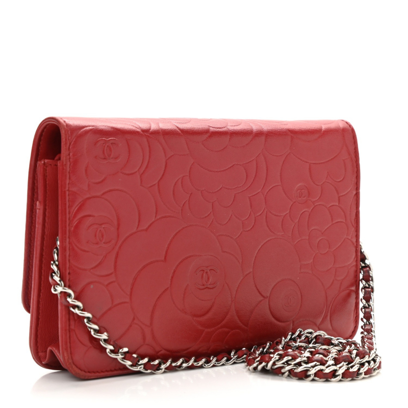 Screenshot of https://www.fashionphile.com/p/chanel-lambskin-camellia-embossed-wallet-on-chain-woc-red-1164842