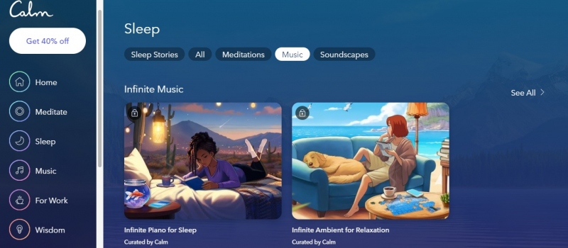Screenshot of https://www.calm.com/app/sleep/music