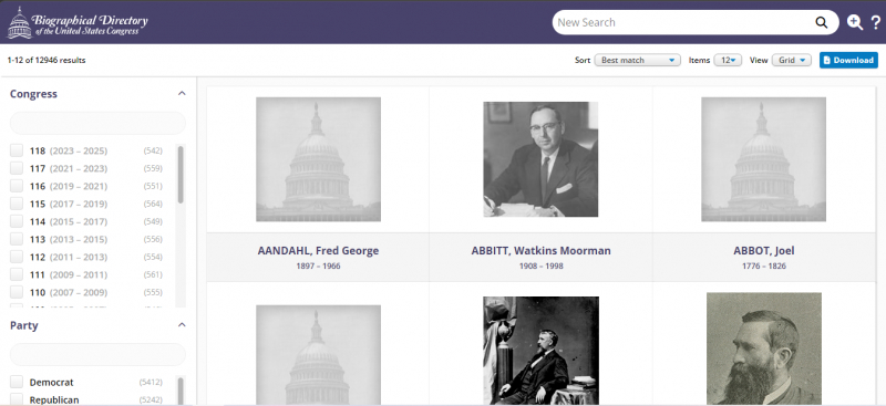 Screenshot via bioguide.congress.gov/search