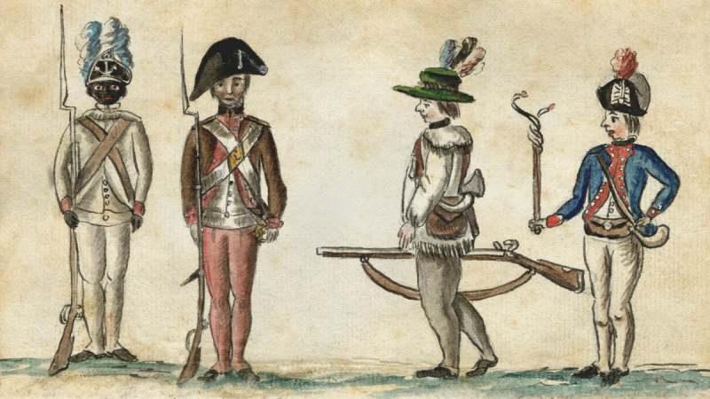 a black infantryman (far left) from the 1st Regiment of Rhode Island that had the largest number of black Patriots in the Continental Army - Photo: history.com