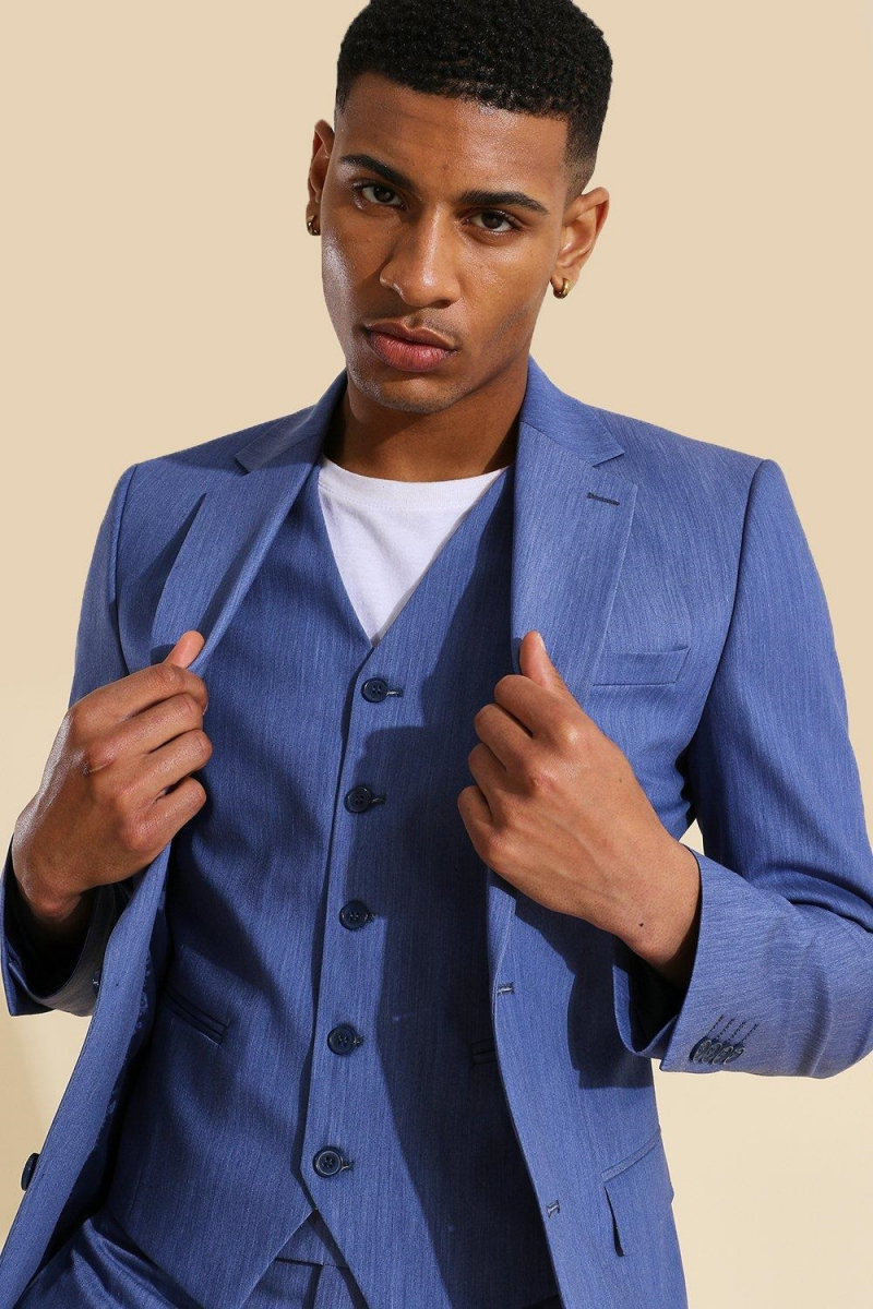 Male Blue Skinny Single Breasted Suit Jacket