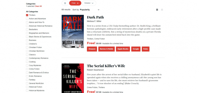 Screenshot of https://www.bookbub.com/ebook-deals?categories=thrillers&price=0
