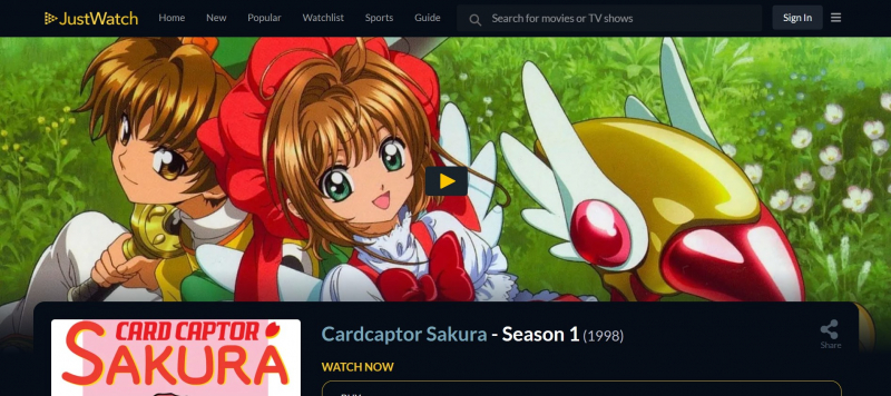 Screenshot of https://www.justwatch.com/us/tv-show/cardcaptor-sakura/season-1