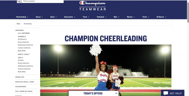 Screenshot of https://championteamwear.com/cheerleading