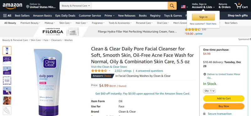 Clean And Clear Daily Pore Cleanser,https://www.amazon.com/