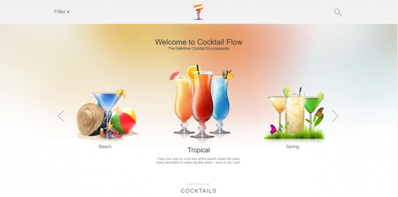 Cocktail Flow showcases beautifully presented cocktail recipes with features and step-by-step instructions - Screenshot photo