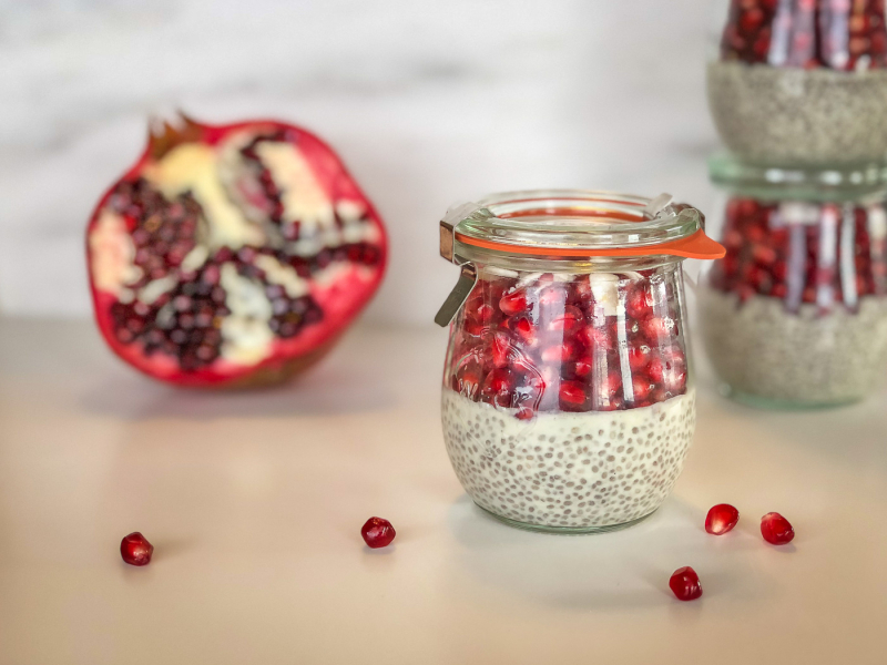 Coconut and pomegranate chia seed pudding