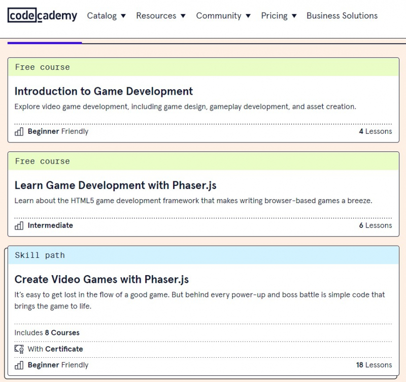 Game development courses on Codecademy