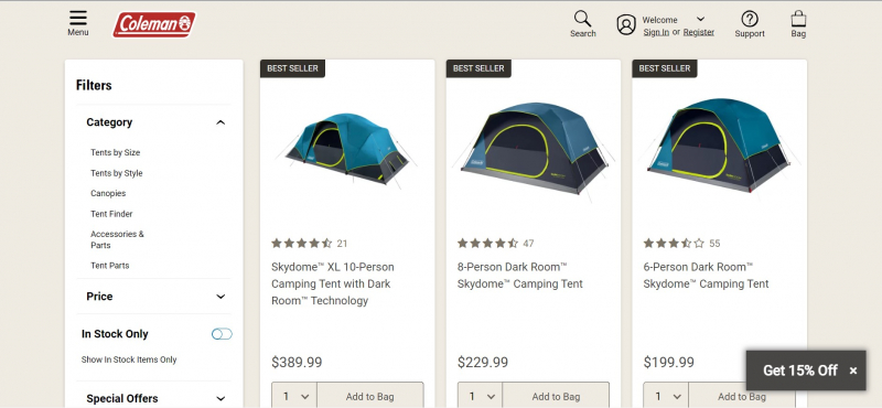 Screenshot via https://www.coleman.com/tents-canopies/tents-by-size