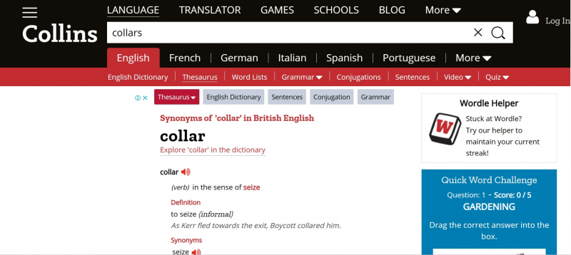 Screenshot of https://www.collinsdictionary.com/us/dictionary/english-thesaurus/collar