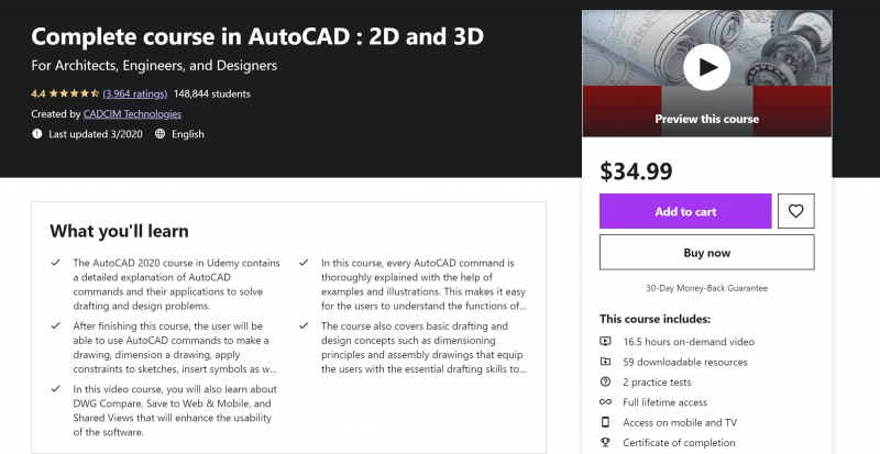Complete course in AutoCAD : 2D and 3D (Udemy)