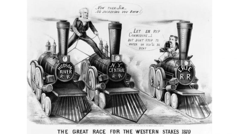 American industrialist Cornelius Vanderbilt (1794 - 1877) standing astride two railroads competing with James Fisk (1835 - 1872) for control of the Erie Railroad. - MPI/Getty Images