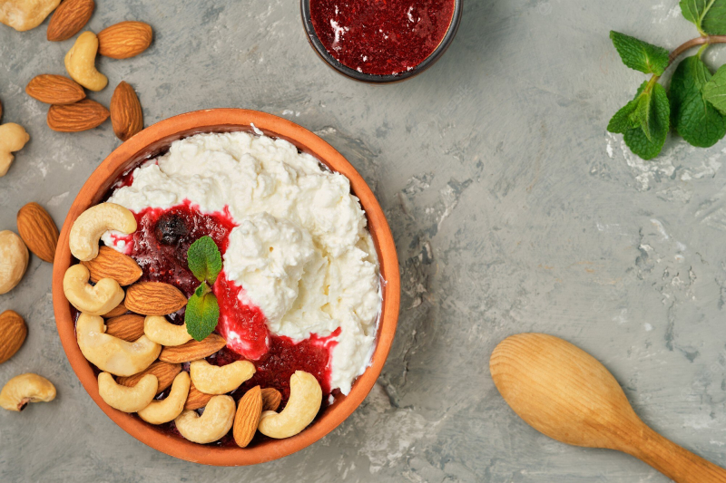 Cottage cheese, fruit, and nut bowl