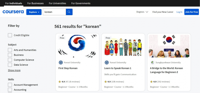 Screenshot of https://www.coursera.org/search?query=korean&