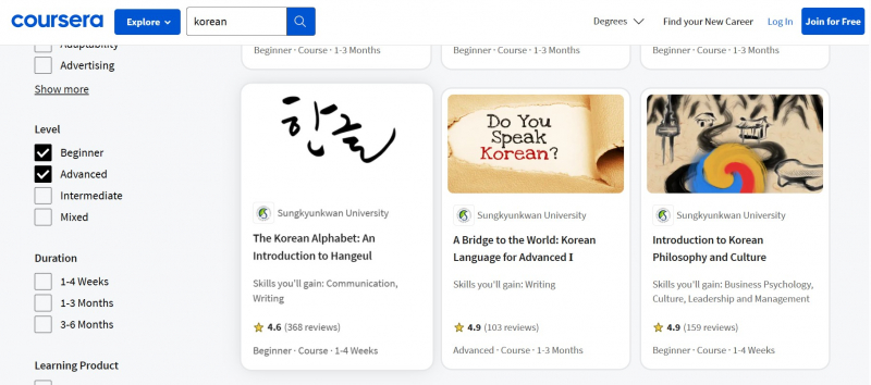 Screenshot of https://www.coursera.org/search?query=korean&