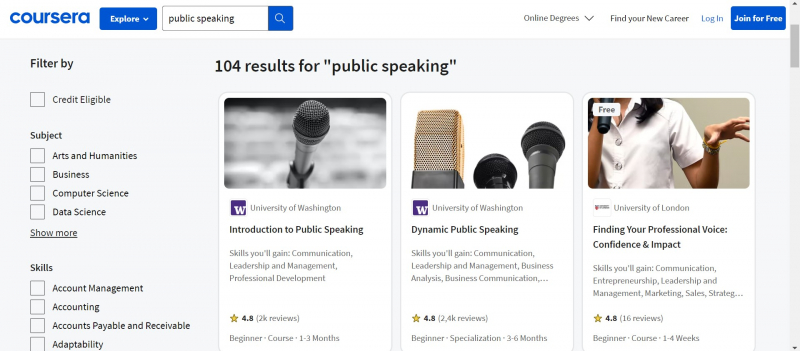 Screenshot of https://www.coursera.org/search?query=public%20speaking&