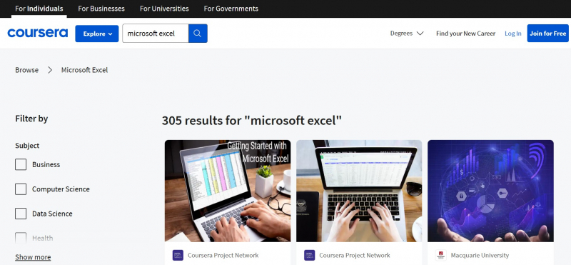 Screenshot of https://www.coursera.org/courses?query=microsoft%20excel