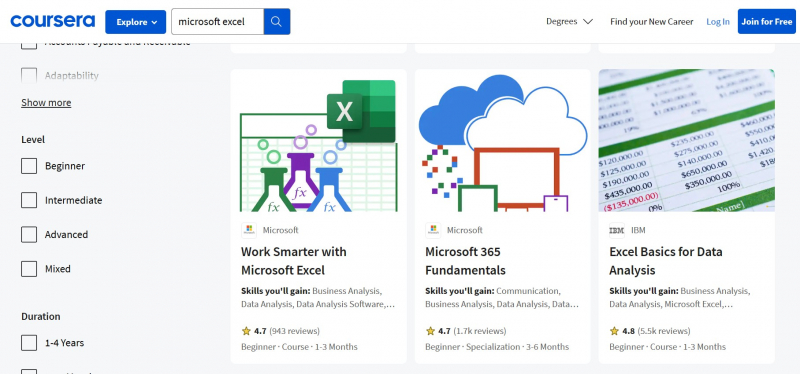 Screenshot of https://www.coursera.org/courses?query=microsoft%20excel