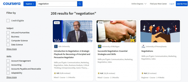 Screenshot of https://www.coursera.org/search?query=negotiation&