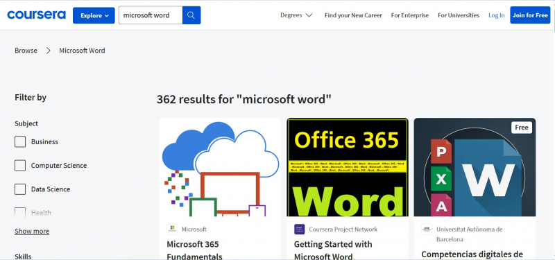 Screenshot of https://www.coursera.org/courses?query=microsoft%20word