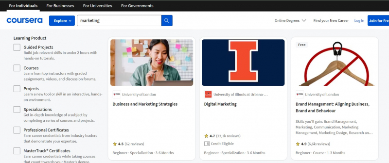 Screenshot of https://www.coursera.org/search?query=marketing&