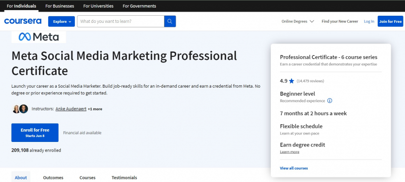 Screenshot of https://www.coursera.org/professional-certificates/facebook-social-media-marketing