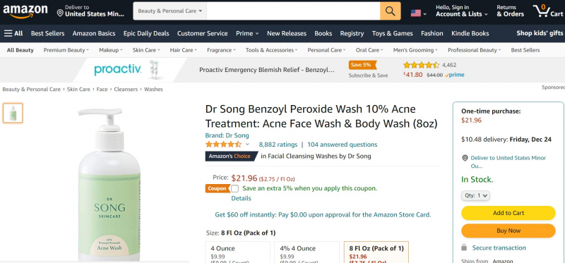 Dr Song 10% Benzoyl Peroxide Medical Acne Wash, https://www.amazon.com/