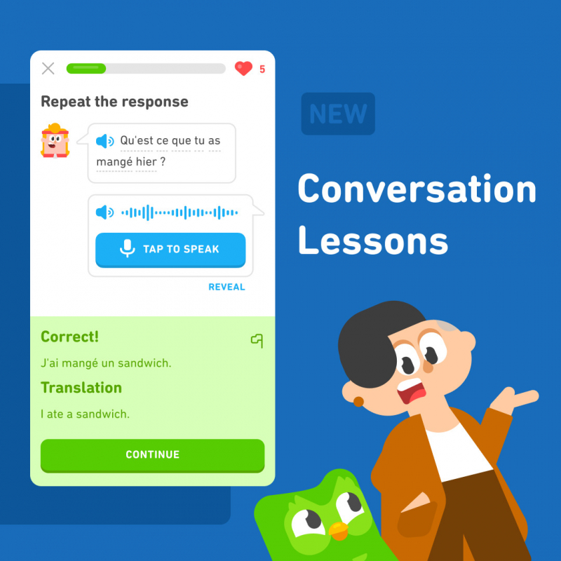 Get talking with new Conversation Lessons! These build your speaking skills by helping you practice common conversation scenarios. Photo: Duolingo
