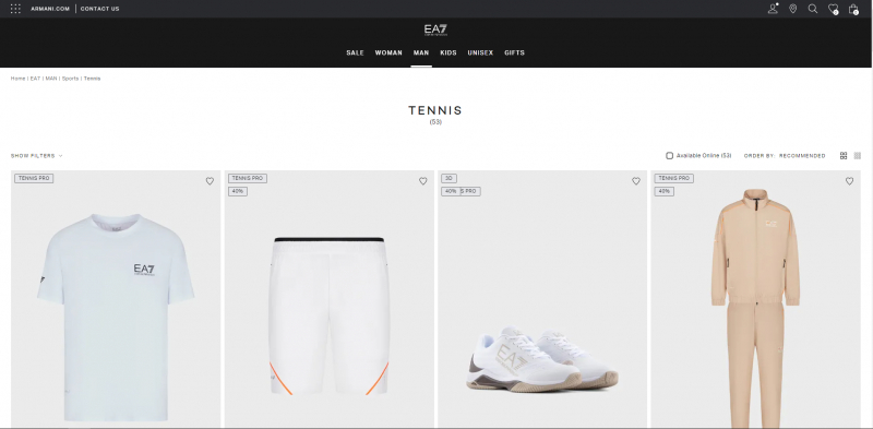 Screenshot via armani.com/en-us/ea7/man/sport/tennis