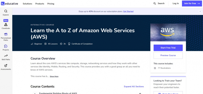 Screenshot of  https://www.educative.io/courses/learn-the-a-to-z-of-amazon-web-services-aws