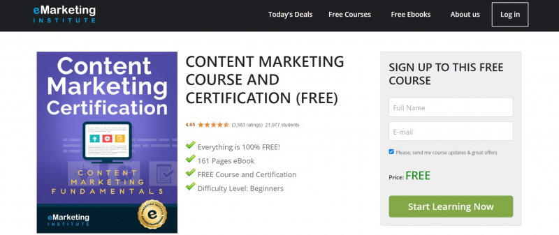 Screenshot of https://www.emarketinginstitute.org/free-courses/content-marketing-certification-course/