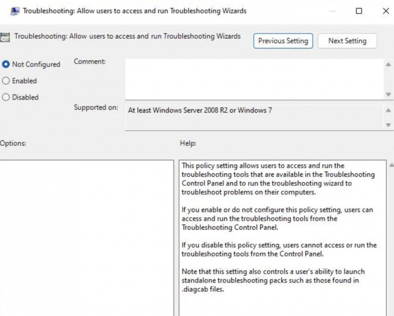 Enable Troubleshooters in Group Policy Editor