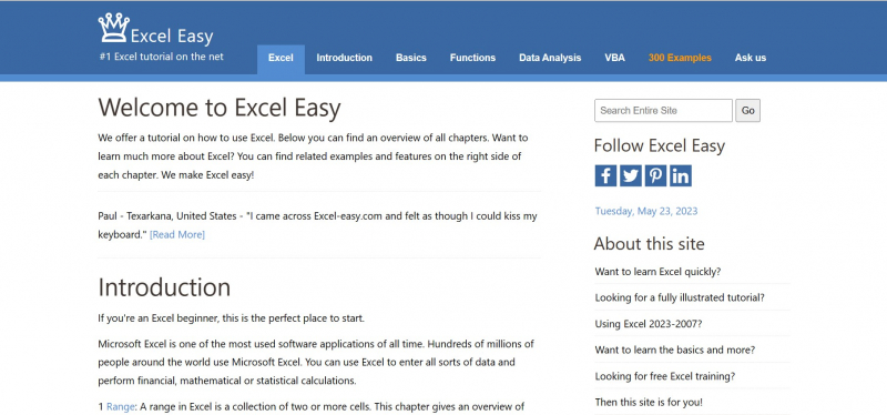 Screenshot of https://www.excel-easy.com/basics.html