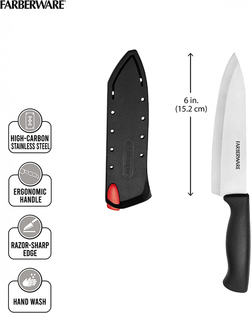 Farberware 6-inch Chef Knife with Edgekeeper Self Sharpening Sleeve,  Stamped Stainless Steel Handle