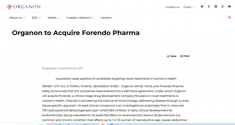 Screenshot of https://www.organon.com/news/organon-to-acquire-forendo-pharma/