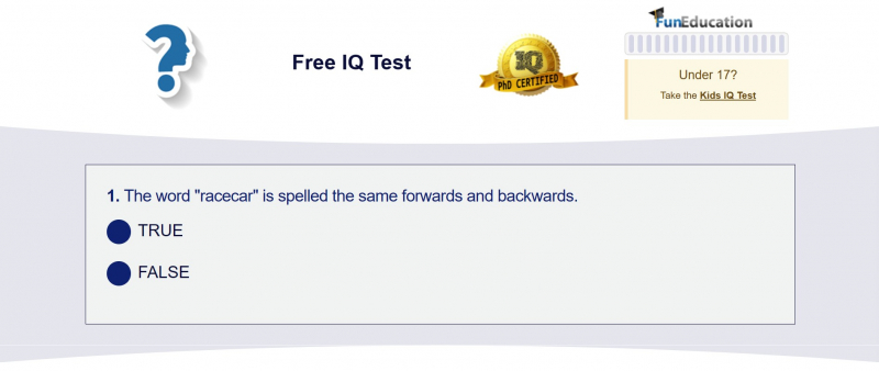 Screenshot of https://www.funeducation.com/Tests/IQTest/TakeTest.aspx