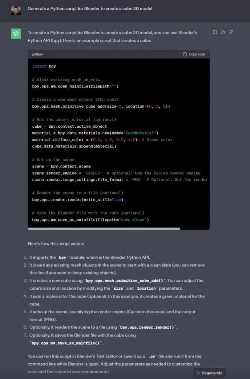 Blender Python script created by ChatGPT