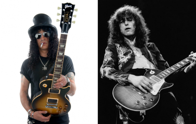 Slash poses with his Gibson Les Paul guitar  Led Zepellin's Jimmy Page plays a Les Paul on stage
