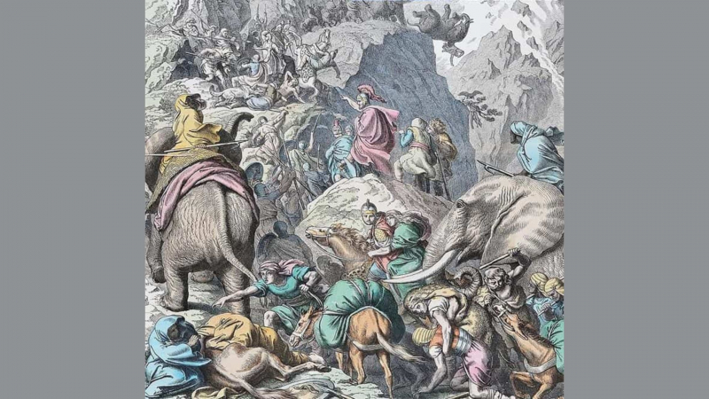 Hannibal along with his troop, crossing the Alps - historyten.com
